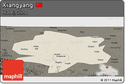 Shaded Relief Panoramic Map of Xiangyang, darken