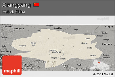 Shaded Relief Panoramic Map of Xiangyang, darken, semi-desaturated