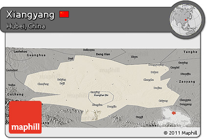 Shaded Relief Panoramic Map of Xiangyang, darken, semi-desaturated