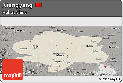 Shaded Relief Panoramic Map of Xiangyang, darken, semi-desaturated