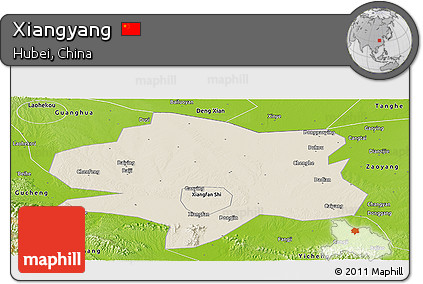 Shaded Relief Panoramic Map of Xiangyang, physical outside