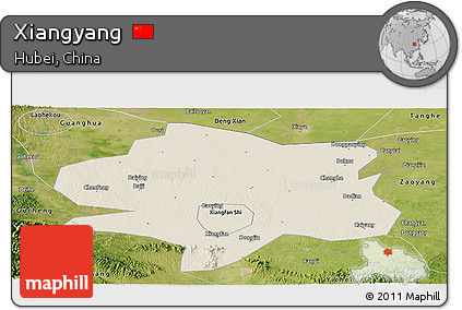 Shaded Relief Panoramic Map of Xiangyang, satellite outside