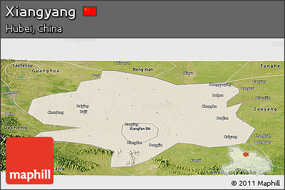 Shaded Relief Panoramic Map of Xiangyang, satellite outside