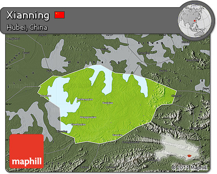 Physical Map of Xianning, darken, semi-desaturated