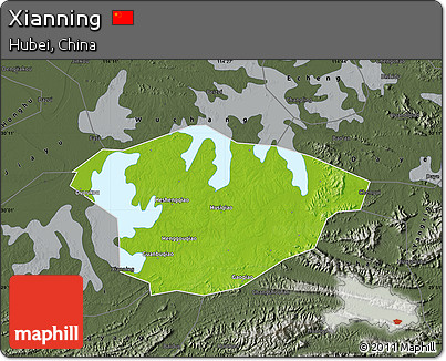 Physical Map of Xianning, darken, semi-desaturated