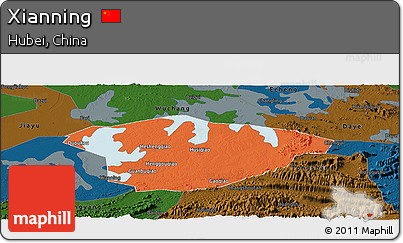Political Panoramic Map of Xianning, darken