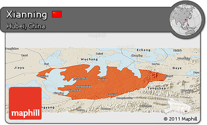 Political Panoramic Map of Xianning, shaded relief outside