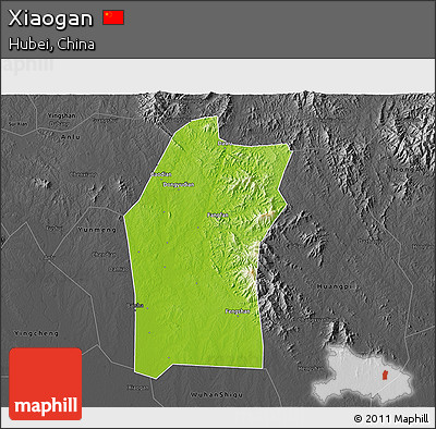 Physical 3D Map of Xiaogan, darken, desaturated