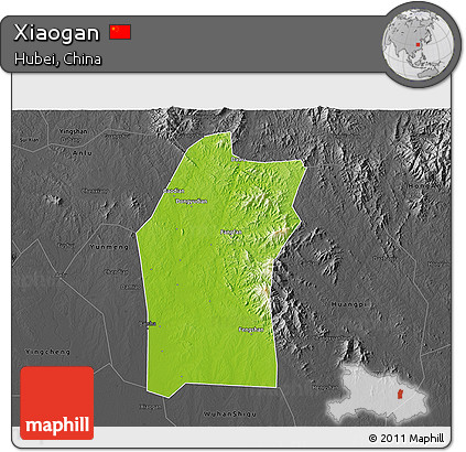 Physical 3D Map of Xiaogan, darken, desaturated