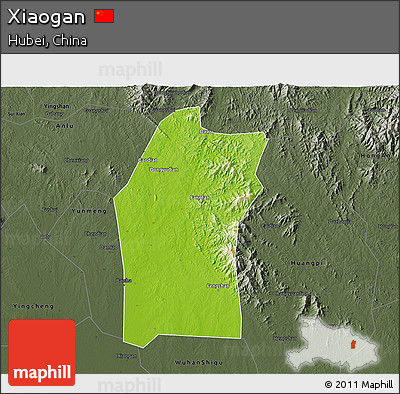 Physical 3D Map of Xiaogan, darken, semi-desaturated