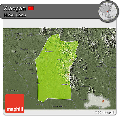 Physical 3D Map of Xiaogan, darken, semi-desaturated