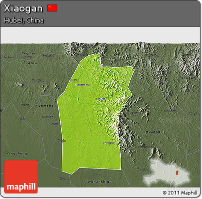 Physical 3D Map of Xiaogan, darken, semi-desaturated