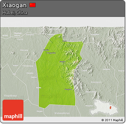 Physical 3D Map of Xiaogan, lighten, semi-desaturated