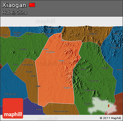 Political 3D Map of Xiaogan, darken