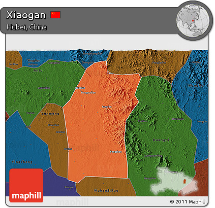 Political 3D Map of Xiaogan, darken