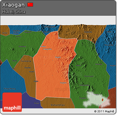 Political 3D Map of Xiaogan, darken