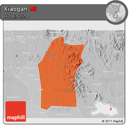 Political 3D Map of Xiaogan, lighten, desaturated