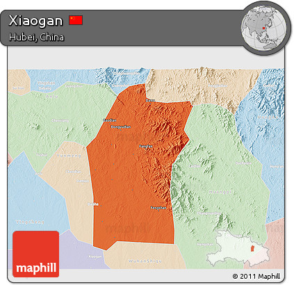 Political 3D Map of Xiaogan, lighten