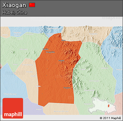 Political 3D Map of Xiaogan, lighten