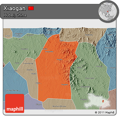 Political 3D Map of Xiaogan, semi-desaturated