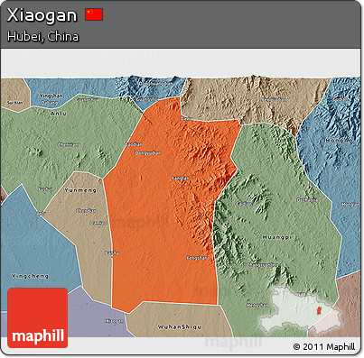 Political 3D Map of Xiaogan, semi-desaturated