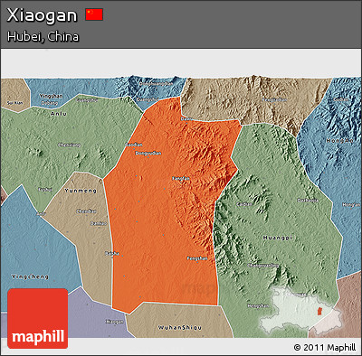 Political 3D Map of Xiaogan, semi-desaturated