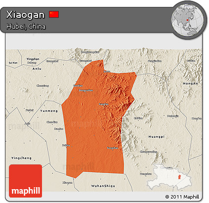 Political 3D Map of Xiaogan, shaded relief outside