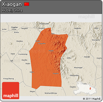 Political 3D Map of Xiaogan, shaded relief outside