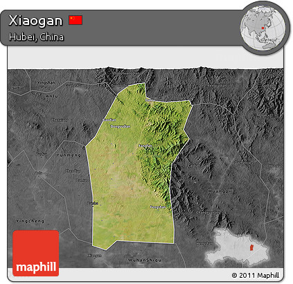 Satellite 3D Map of Xiaogan, darken, desaturated