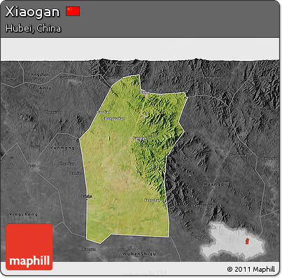 Satellite 3D Map of Xiaogan, darken, desaturated