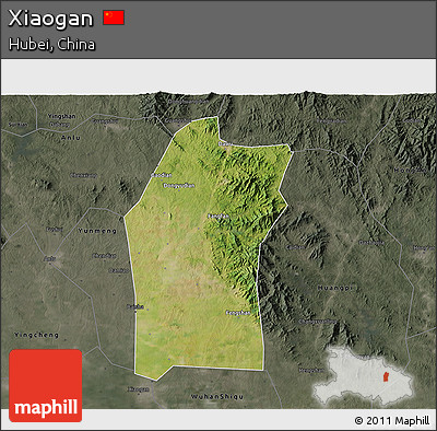Satellite 3D Map of Xiaogan, darken, semi-desaturated