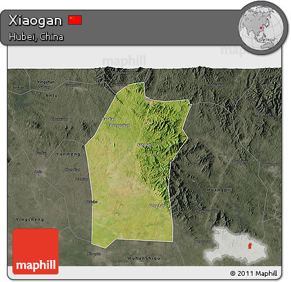 Satellite 3D Map of Xiaogan, darken, semi-desaturated