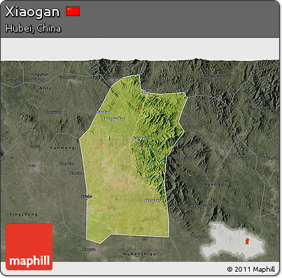 Satellite 3D Map of Xiaogan, darken, semi-desaturated