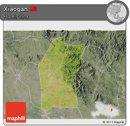 Satellite 3D Map of Xiaogan, semi-desaturated