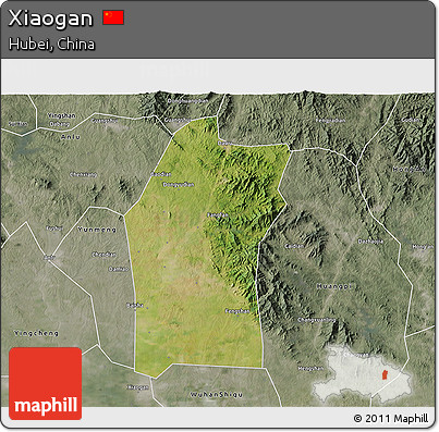 Satellite 3D Map of Xiaogan, semi-desaturated