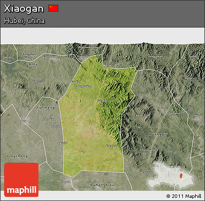 Satellite 3D Map of Xiaogan, semi-desaturated