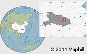Savanna Style Location Map of Xiaogan, highlighted country, highlighted parent region, hill shading