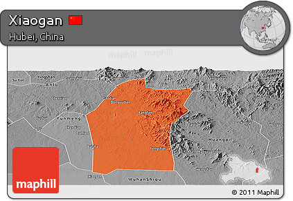 Political Panoramic Map of Xiaogan, desaturated