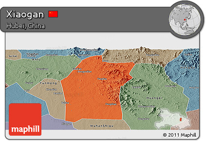 Political Panoramic Map of Xiaogan, semi-desaturated