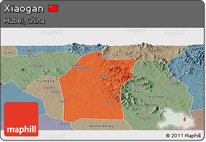 Political Panoramic Map of Xiaogan, semi-desaturated