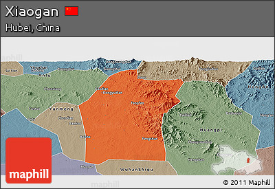 Political Panoramic Map of Xiaogan, semi-desaturated