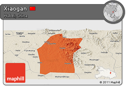 Political Panoramic Map of Xiaogan, shaded relief outside