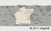 Shaded Relief Panoramic Map of Xiaogan, darken, semi-desaturated