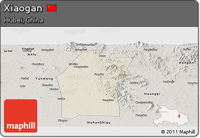 Shaded Relief Panoramic Map of Xiaogan, semi-desaturated
