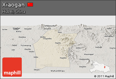 Shaded Relief Panoramic Map of Xiaogan, semi-desaturated