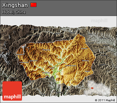 Physical 3D Map of Xingshan, darken, semi-desaturated