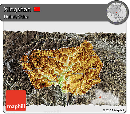 Physical 3D Map of Xingshan, darken, semi-desaturated