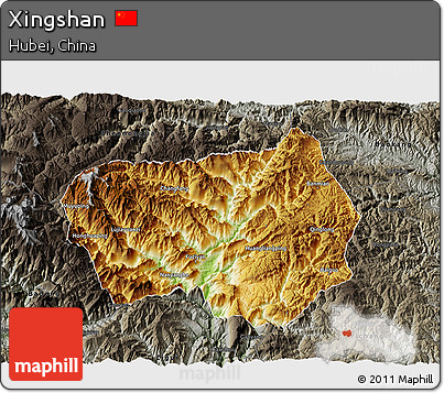 Physical 3D Map of Xingshan, darken, semi-desaturated