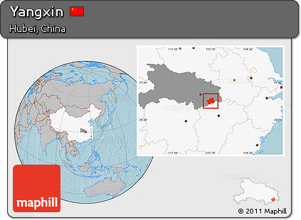 Gray Location Map of Yangxin, highlighted country, highlighted parent region, hill shading