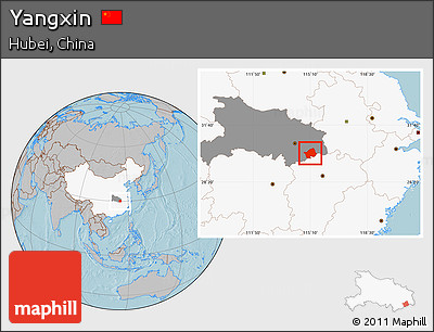 Gray Location Map of Yangxin, highlighted country, highlighted parent region, hill shading